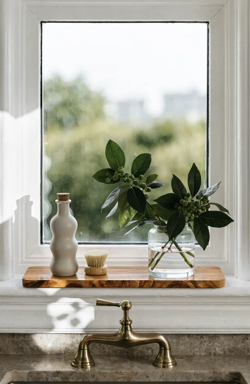 Kitchen windowsill styled with a slim wood tray, soap, a short vase, and clear daylight