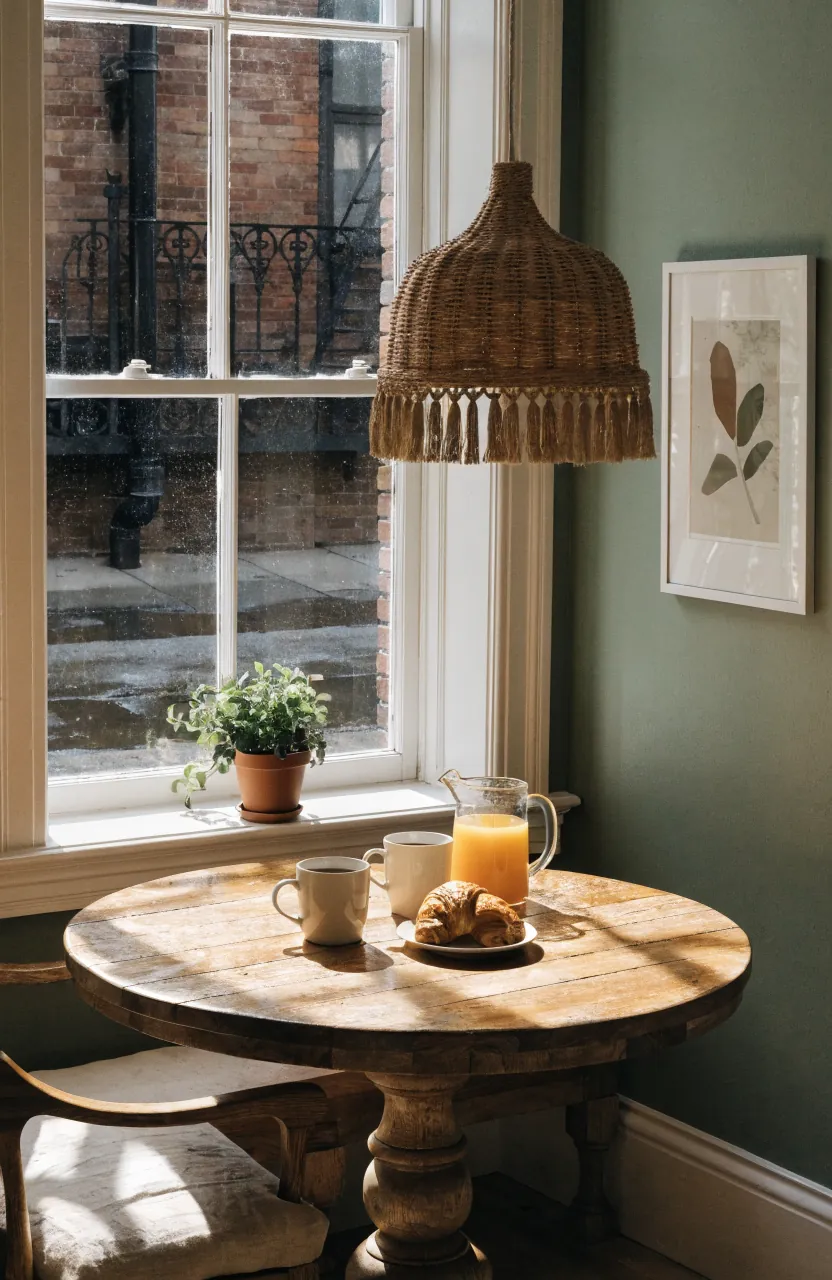 Breakfast nook window styled with a low plant, bench cushion, and bright natural light