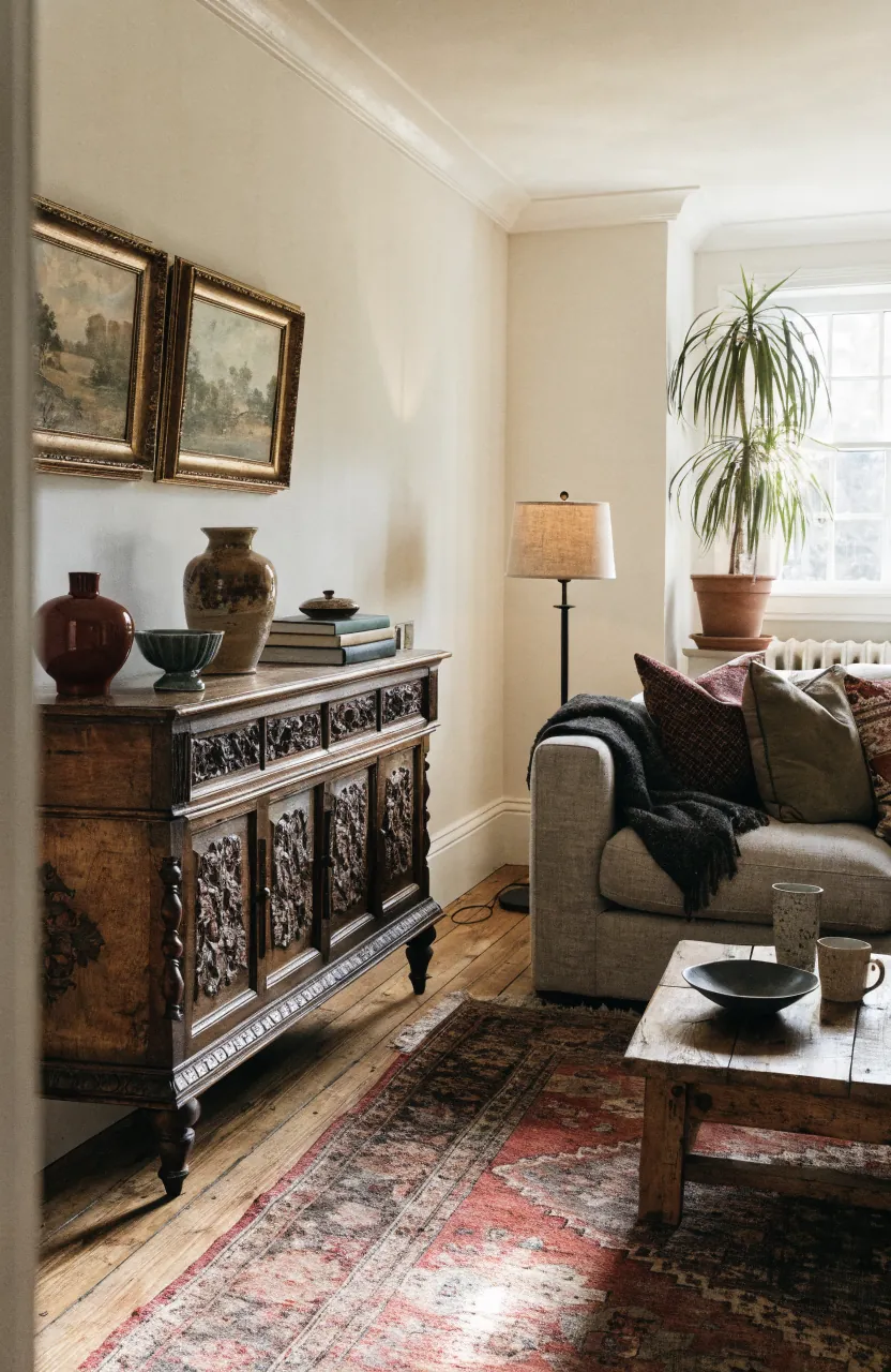 Layered vintage living room with old wood furniture, patterned textiles, books, and warm collected home decor