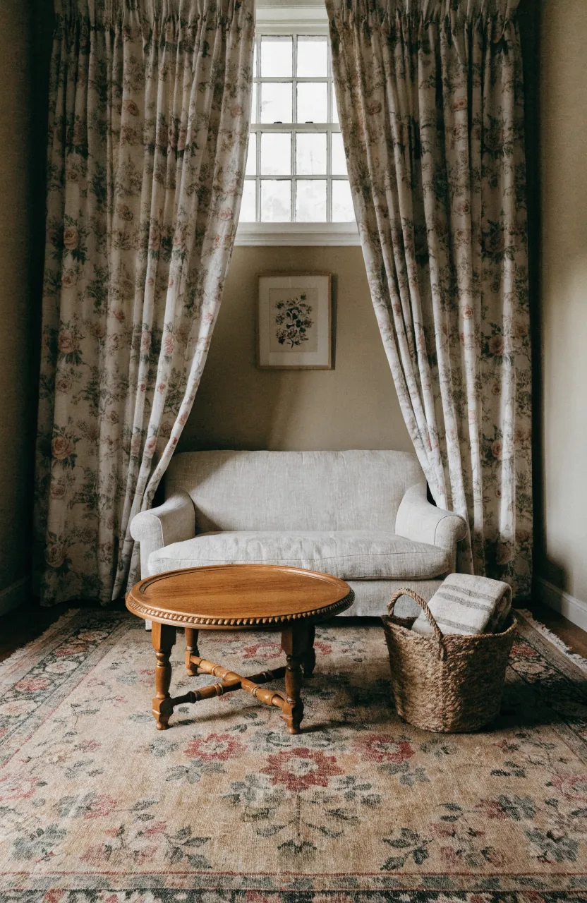 Plain room makeover with patterned curtains, a vintage rug, soft wall color, and cozy home decor layers