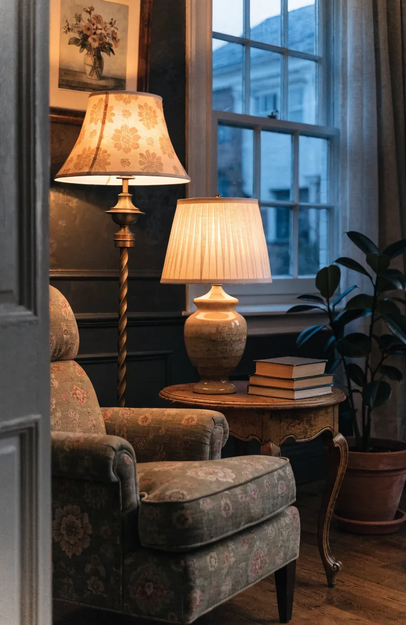 Vintage decor lamp corner with pleated shade, brass details, framed art, patterned chair, and warm home decor