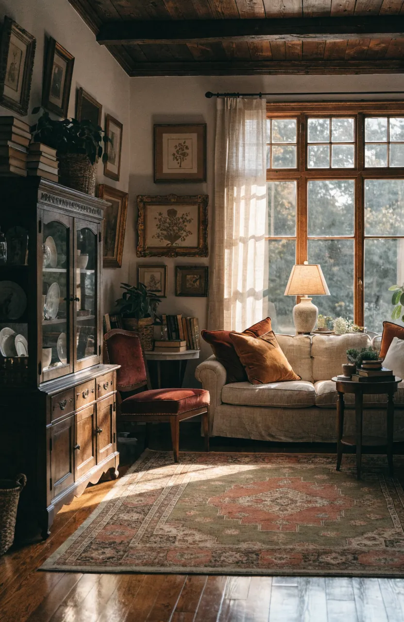 Character filled living room with vintage decor, layered textiles, warm lamp light, plants, books, and collected home details