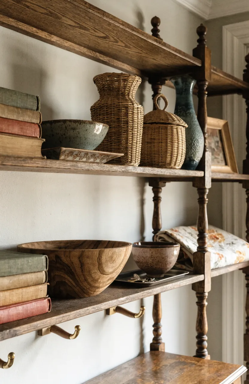 Thrifted decor shelf with books, woven baskets, ceramics, framed art, and useful collected home objects