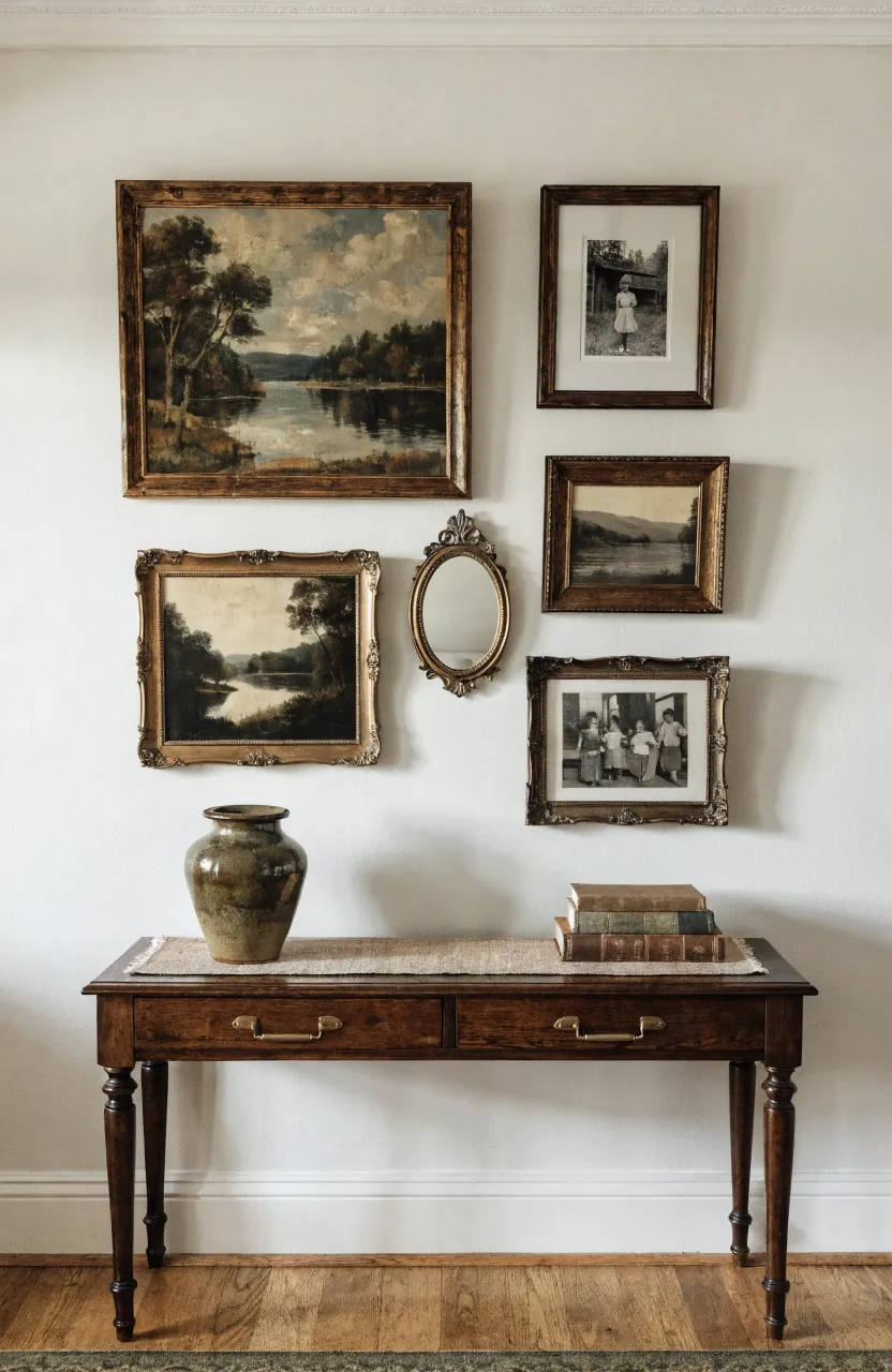 Collected gallery wall with vintage art, family photos, wood frames, and cottage decor details