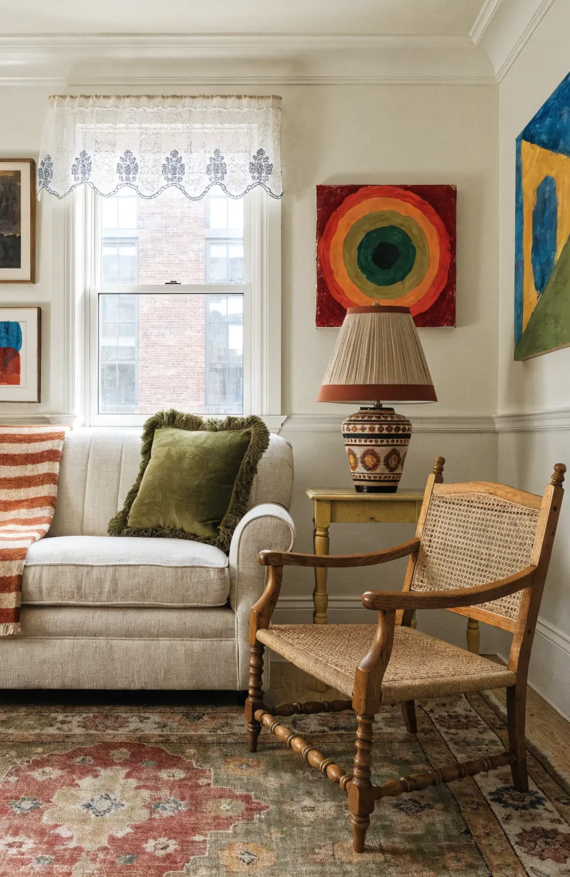 Retro home decor living room with repeated olive and rust accents, vintage rug, art, and warm wood furniture