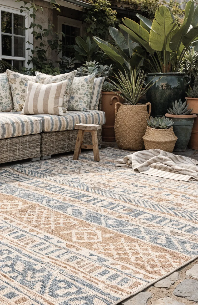 Patio decor with patterned outdoor rug, pillows, woven planters, and warm seasonal home decor texture