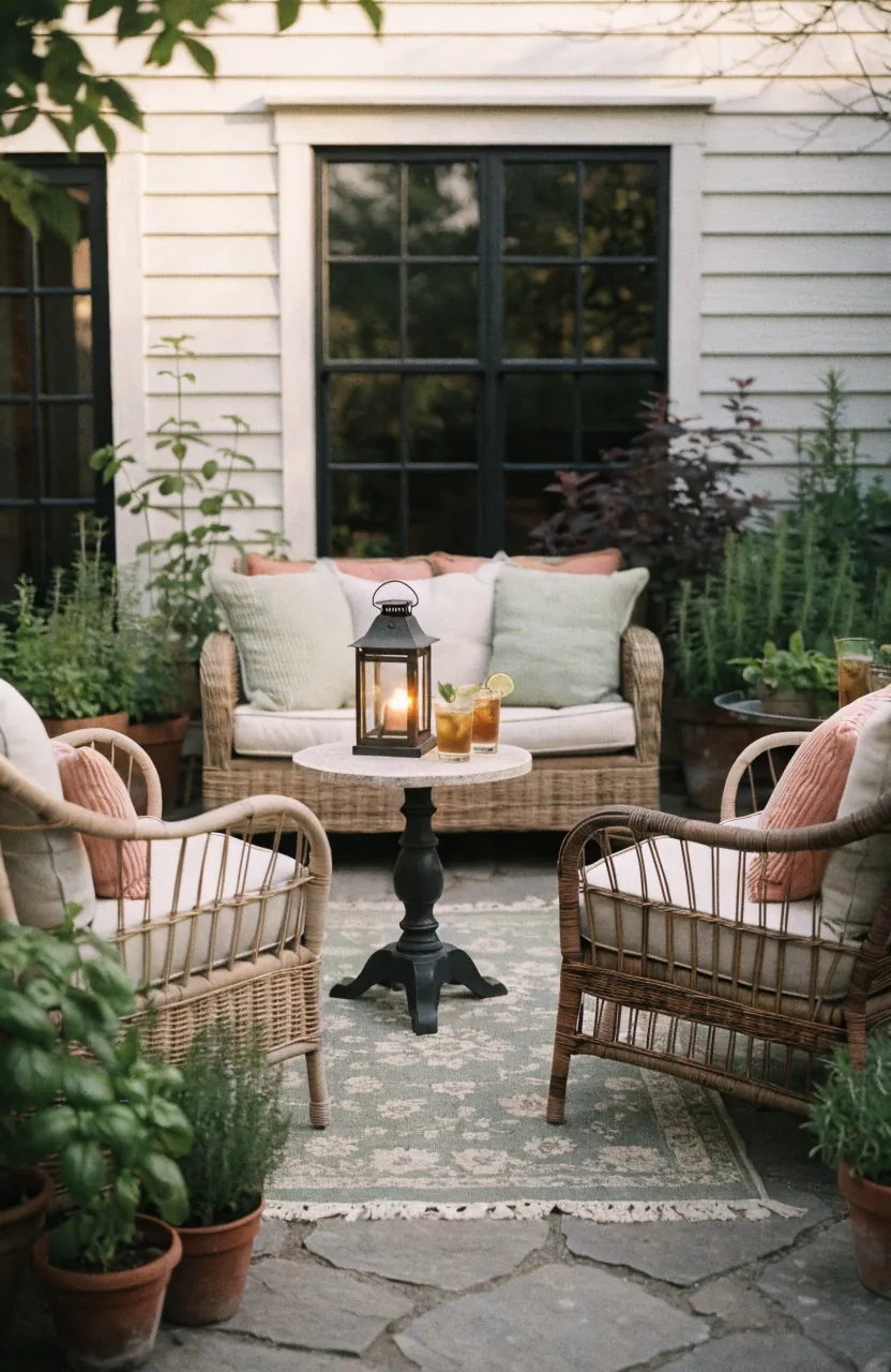 Summer patio seating zone with outdoor rug, cushions, woven chairs, plants, and cozy evening decor
