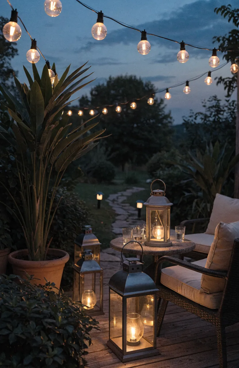 Summer patio at dusk with string lights, lanterns, plants, and warm outdoor living atmosphere