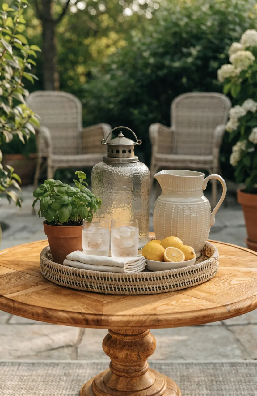 Outdoor coffee table decor with tray, lantern, citrus bowl, ceramic pitcher, and relaxed summer patio styling