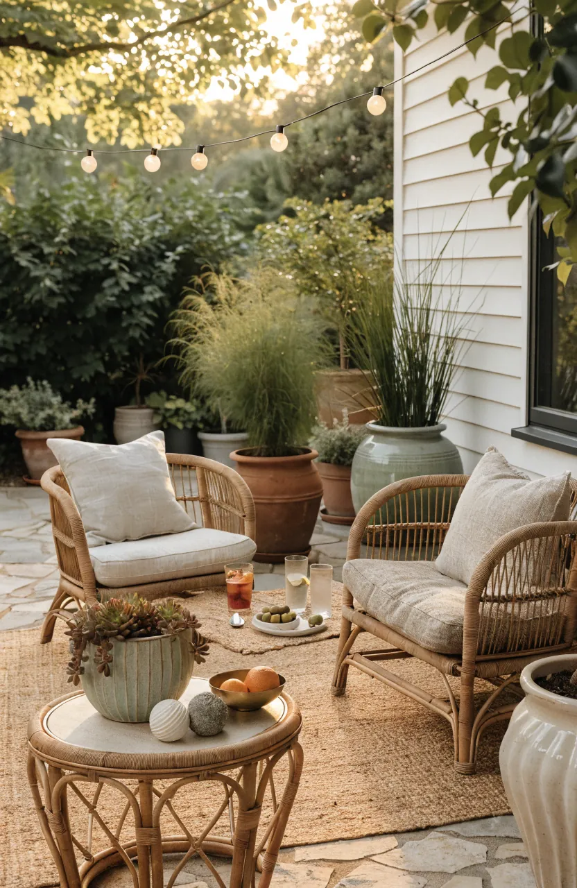 Summer patio at golden hour with cozy seating, plants, string lights, outdoor rug, and slow evening decor