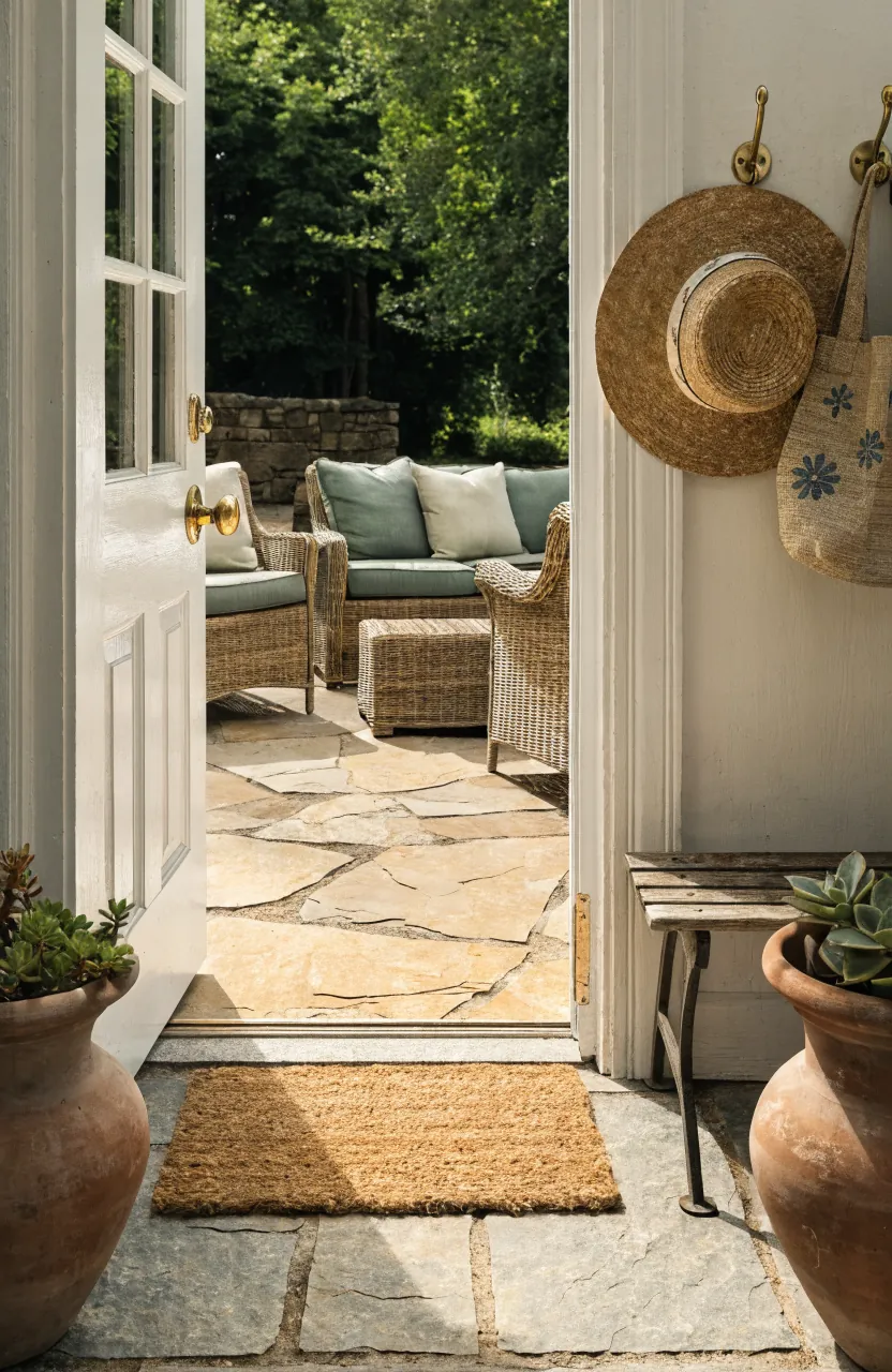 Porch decor transition with planters, outdoor mat, small bench, hooks, and summer patio entry flow