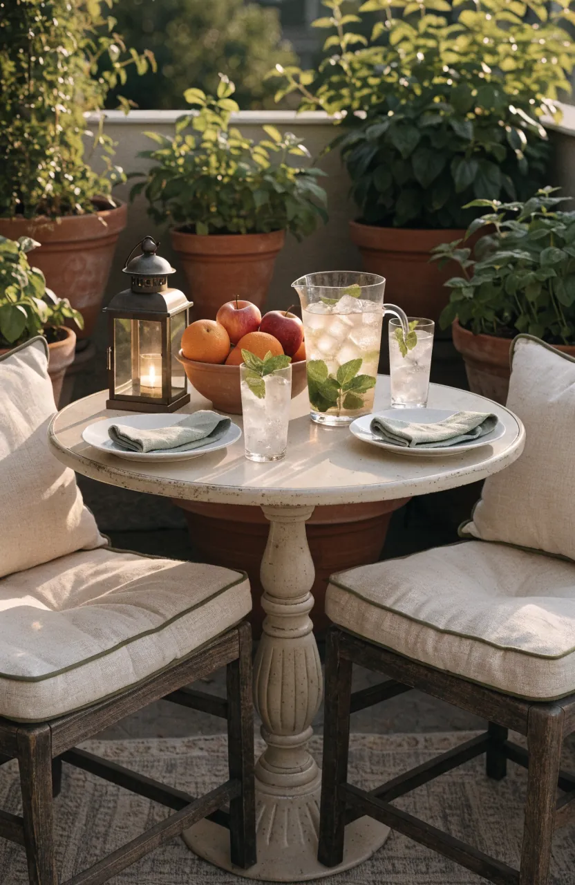 Small summer patio dining corner with bistro table, lantern, simple dishes, plants, and cozy outdoor living style