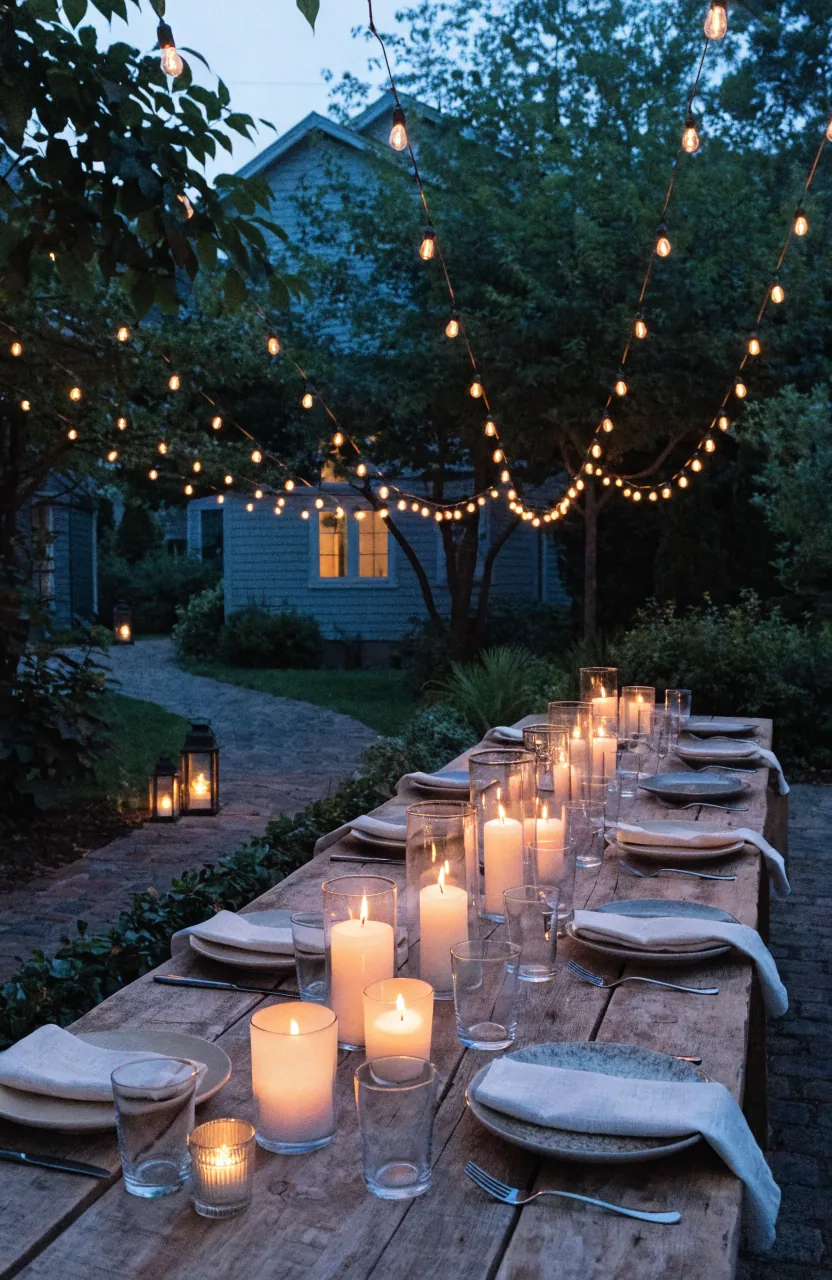 Backyard dinner party table under warm string lights with candles, greenery, and cozy summer entertaining atmosphere