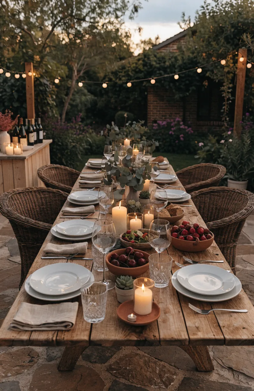 Cozy backyard dinner party with outdoor dining table, string lights, candles, simple food, plants, and relaxed summer entertaining decor
