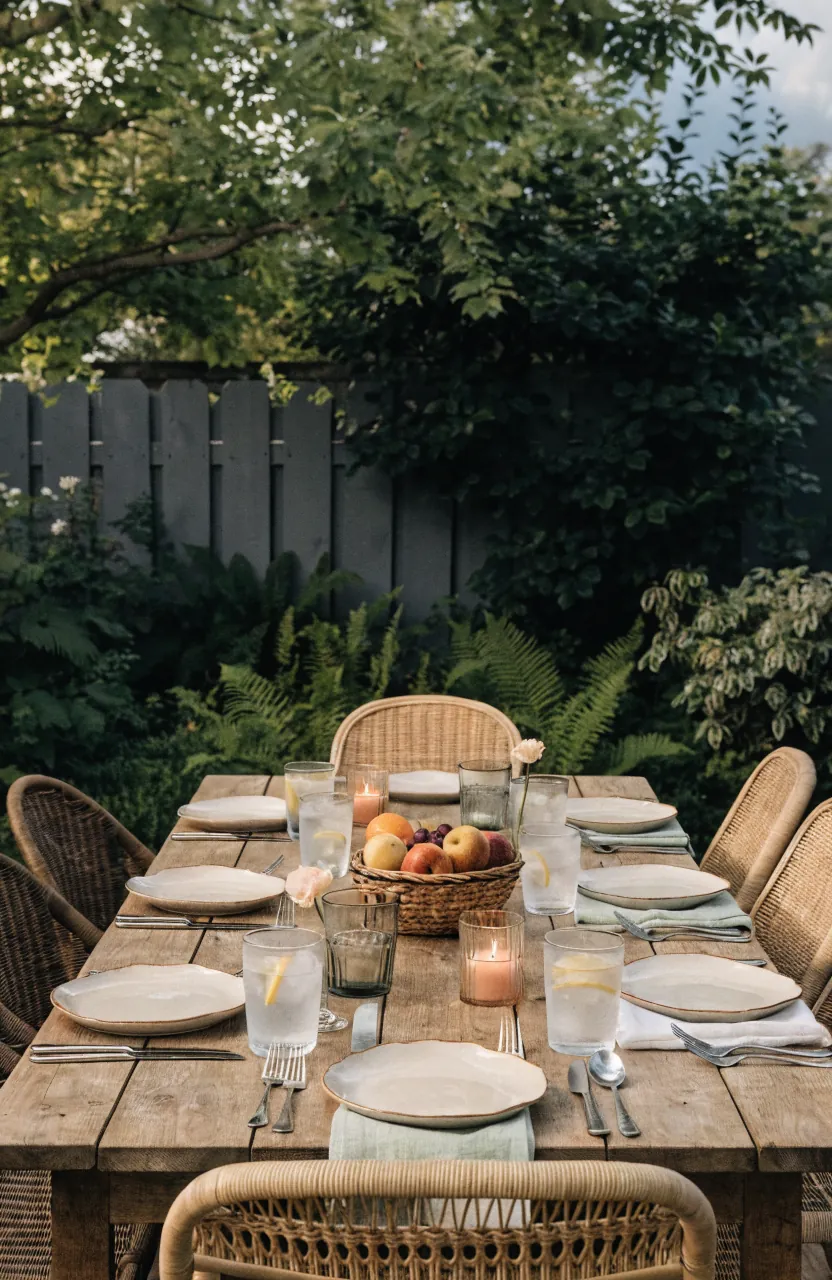 Backyard dinner table with low candles, simple plates, cloth napkins, flowers, and cozy outdoor dining decor
