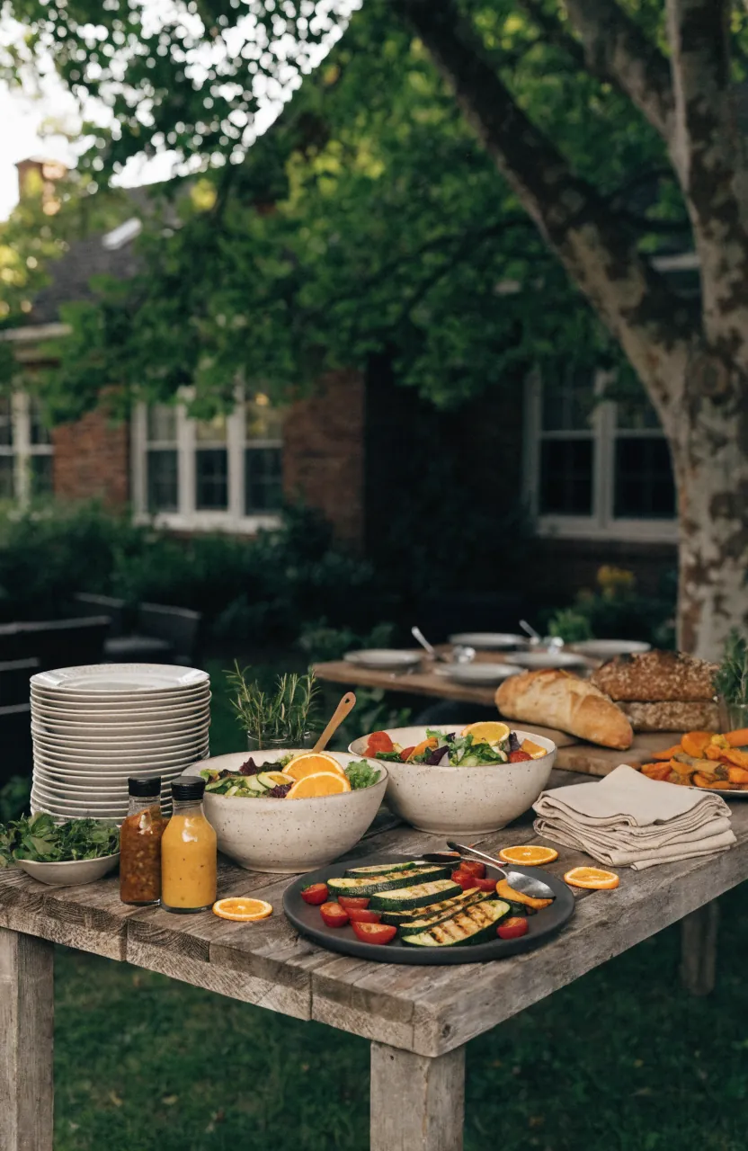 Outdoor dining serving station with platters, salads, plates, napkins, herbs, and casual backyard dinner flow