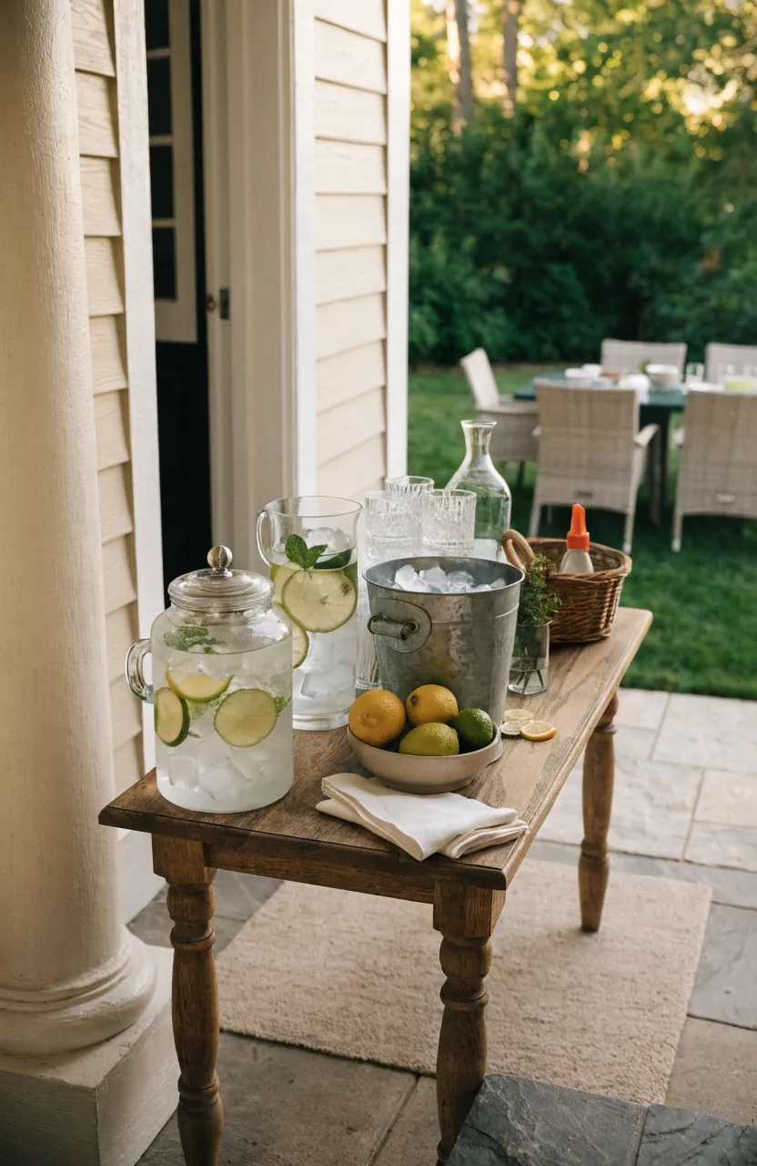 Porch drink station with pitcher, glasses, ice bucket, citrus, napkins, and easy backyard dinner party setup