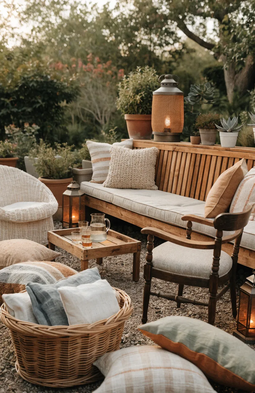 Backyard party flexible seating with benches, pillows, throws, lanterns, and relaxed outdoor living conversation area