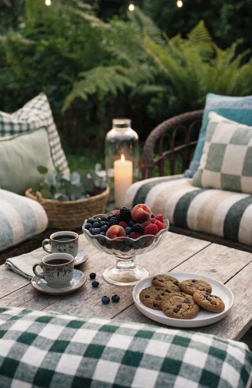 Cozy backyard dessert coffee table with fruit, cookies, coffee cups, lantern, pillows, and relaxed outdoor living decor