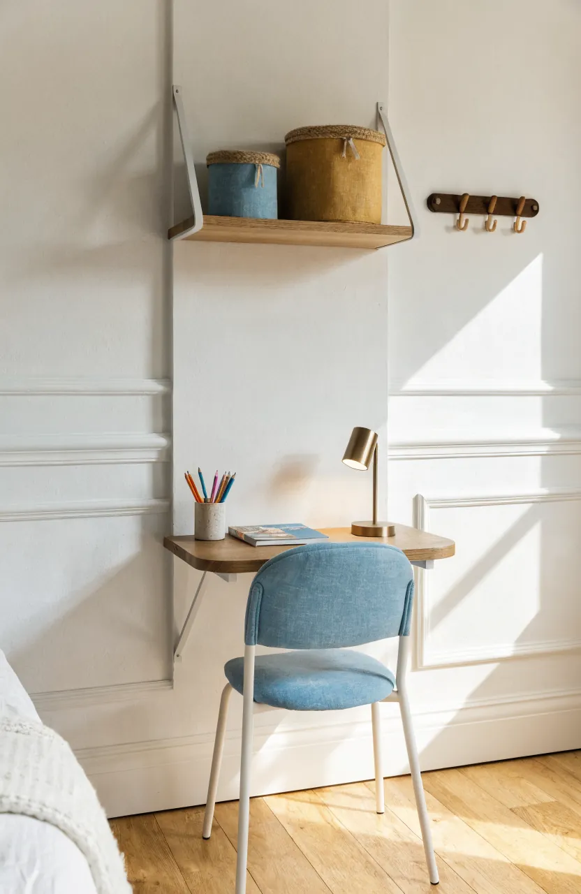 Small kids room with a floating homework desk, wall shelves, and organized desk storage
