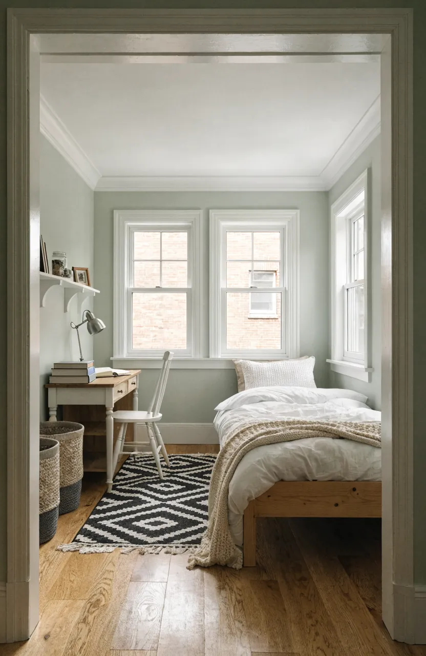 Compact homework corner layout in a small kids room with a slim desk and wall storage