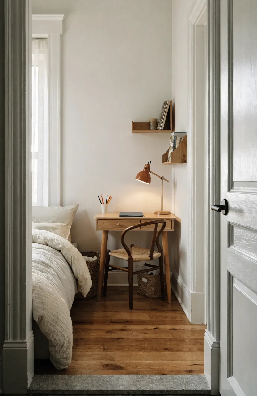 Small kids room with a compact homework corner, wall shelves, and desk storage