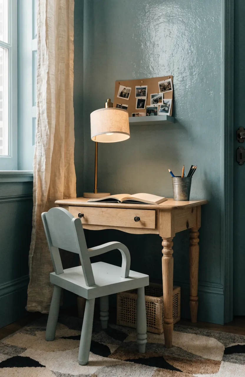 Kid sized study nook in a small bedroom with a supportive chair and clear writing surface