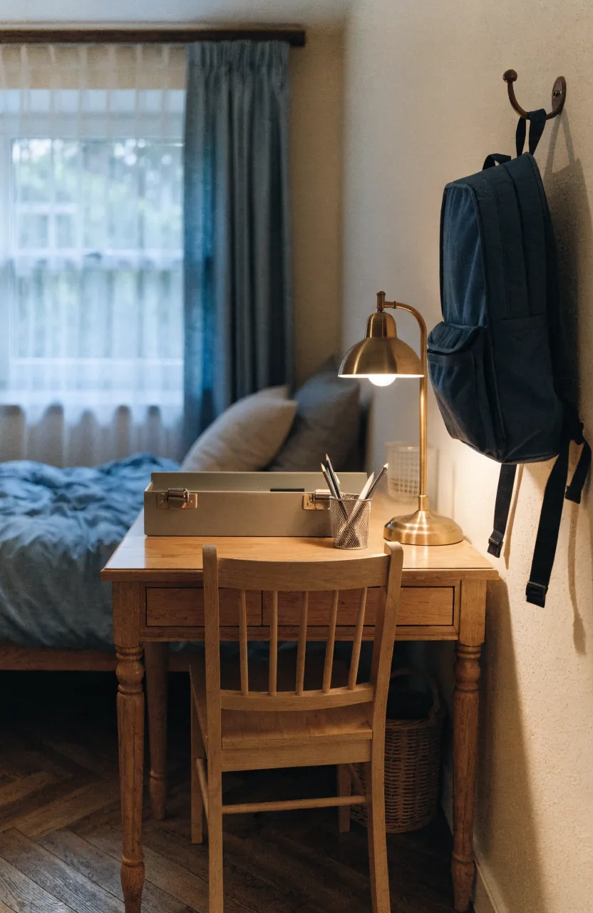 Calm evening homework corner reset in a small kids room with a clear desk and warm lamp