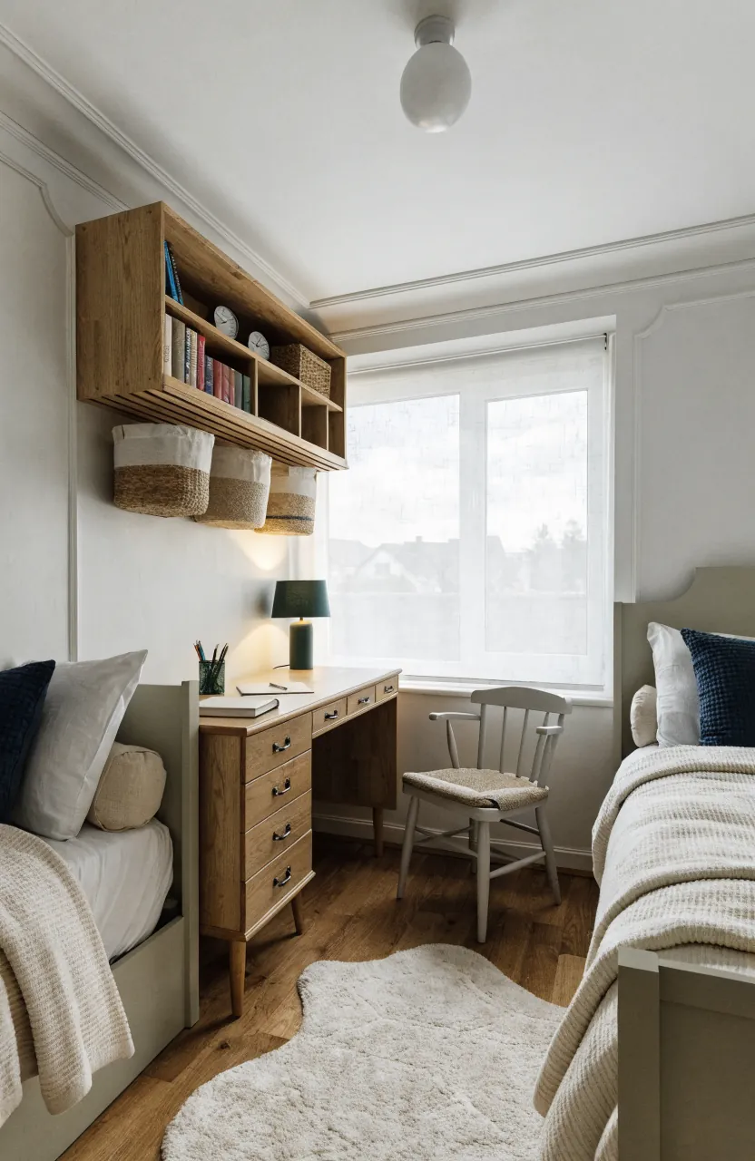 Shared small kids bedroom with a compact homework corner that preserves floor space