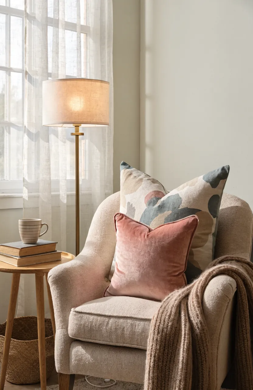 Cute reading chair styled with soft pillows in a cozy corner