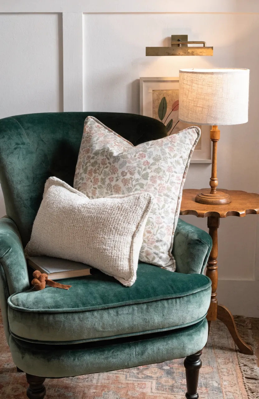 Patterned and textured pillows paired on a cozy reading chair