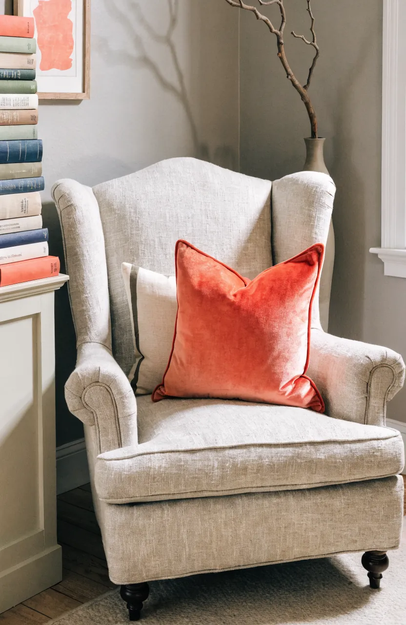 Cute pillows on a reading chair pulling color from books and wall art