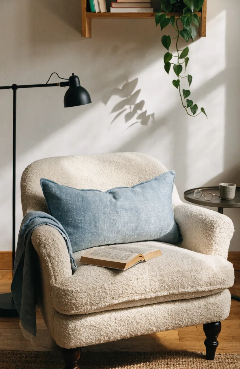 Reading chair with one cute lumbar pillow for comfortable support
