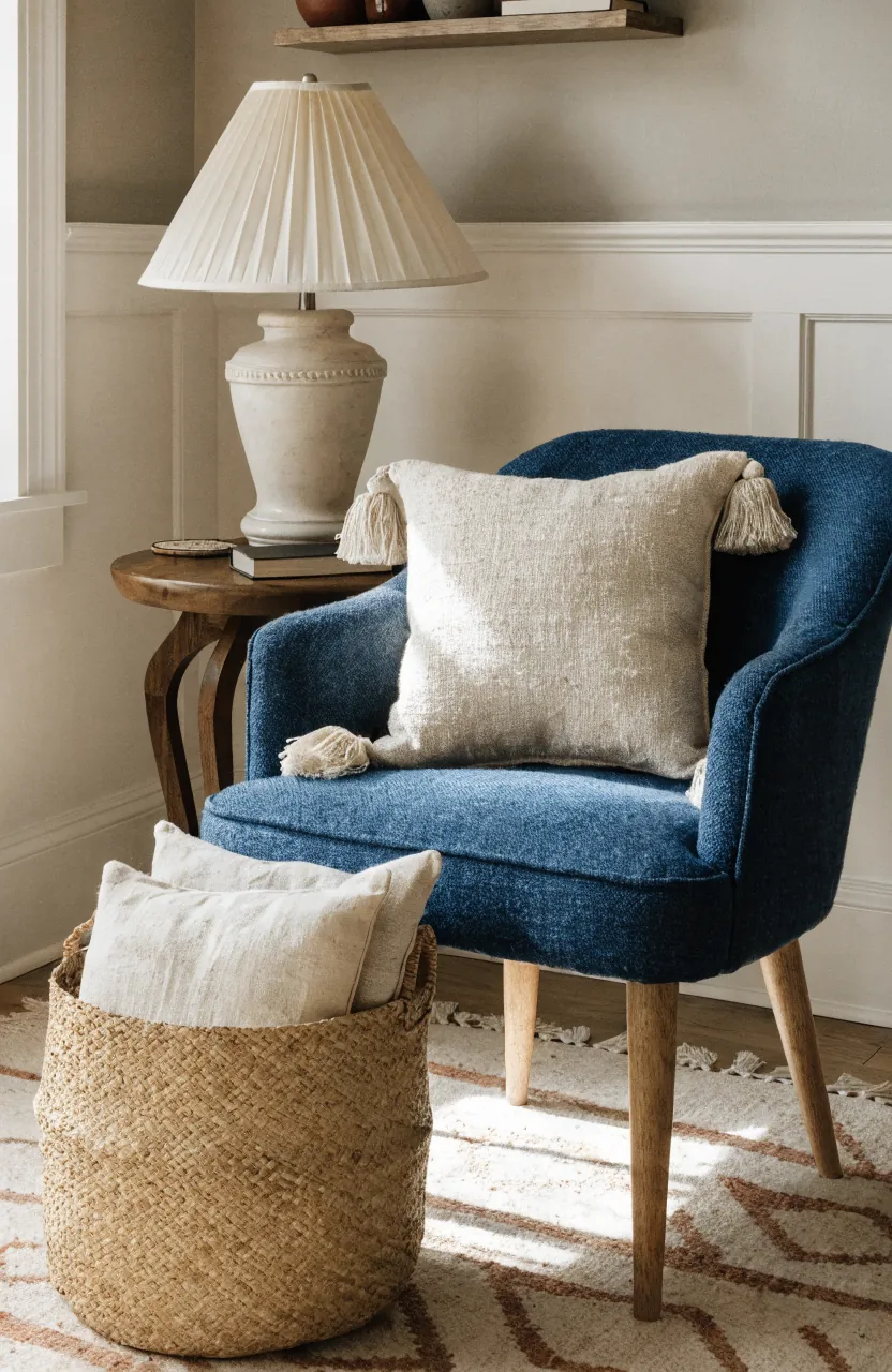 Reading chair with cute pillows and a basket for extra soft decor