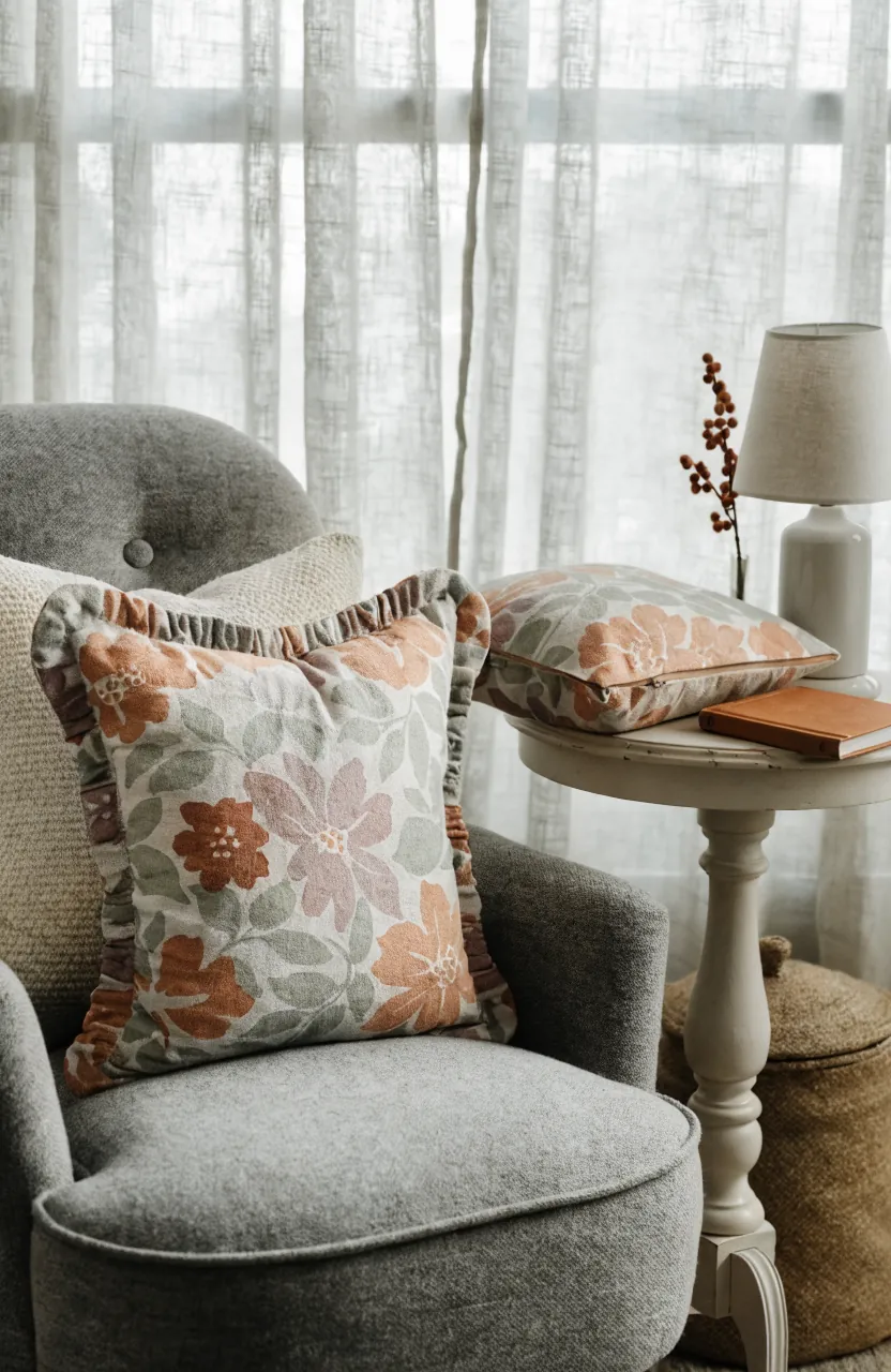 Seasonal pillow cover on a reading chair for an easy decor refresh