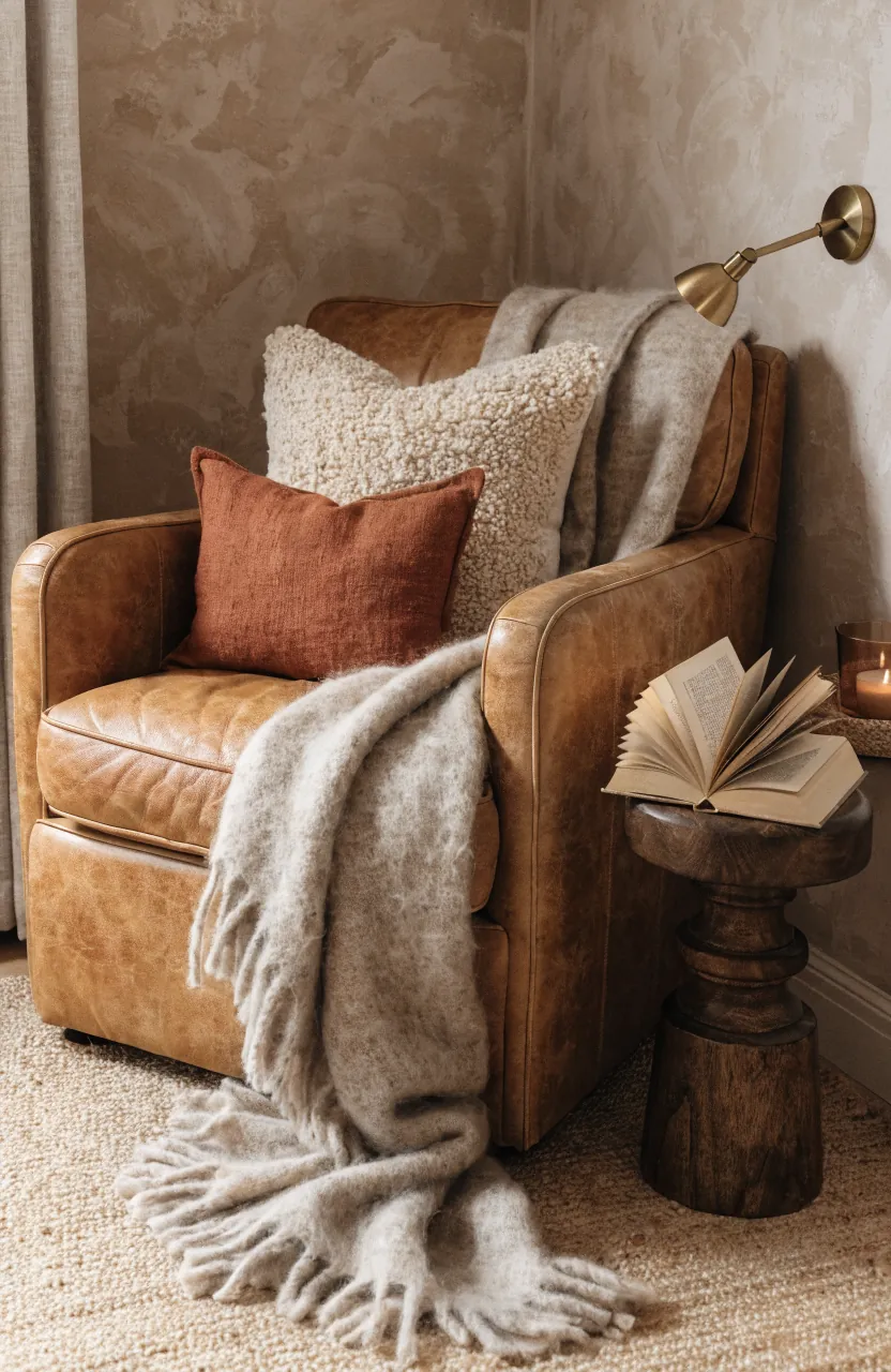 Reading chair layered with a soft throw and cute pillows