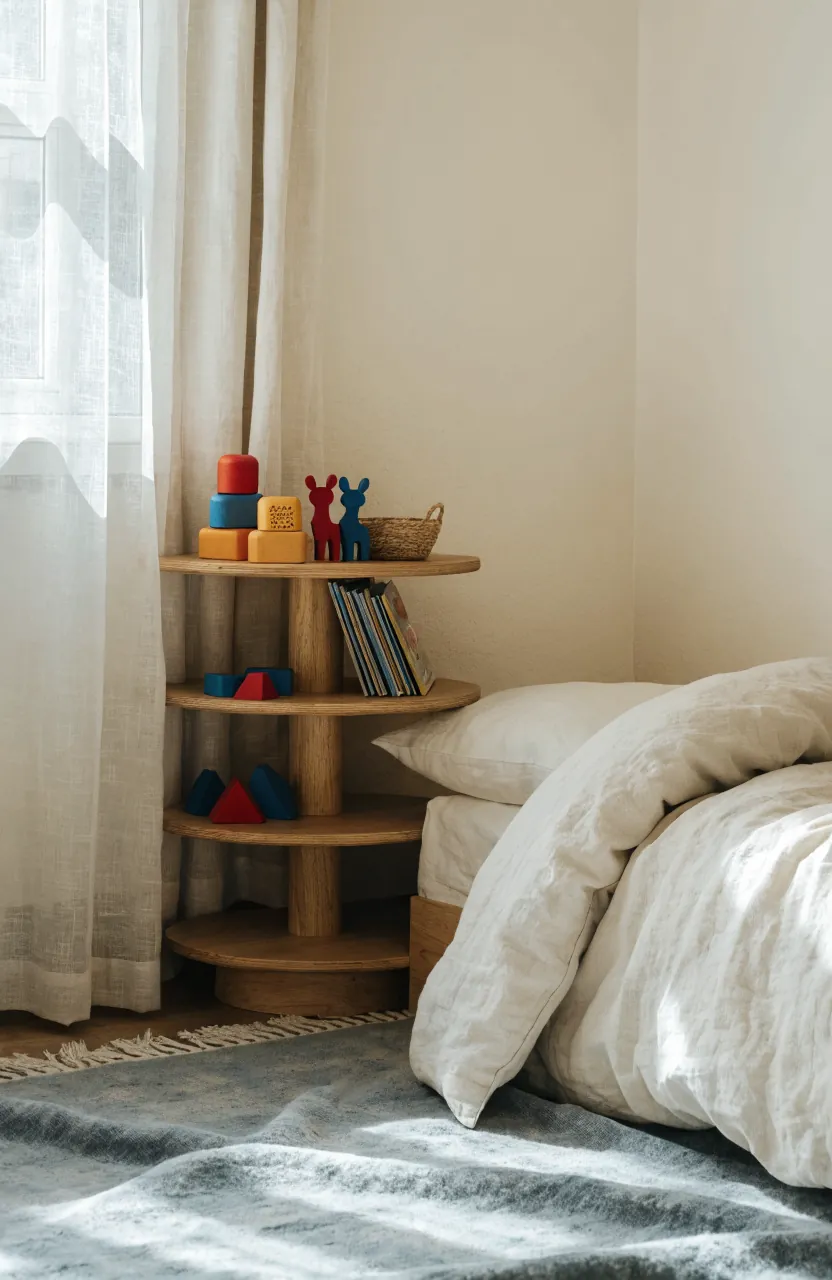 Small kids room with a low toy rotation shelf and a few active toys