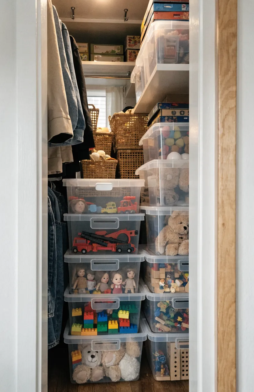 Closet toy rotation bins sorted by play type for kids room organization
