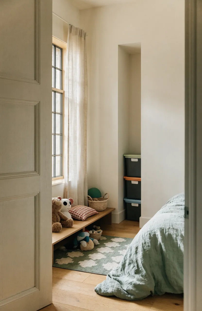 Small kids room with toy rotation storage, low shelves, bins, and open play space