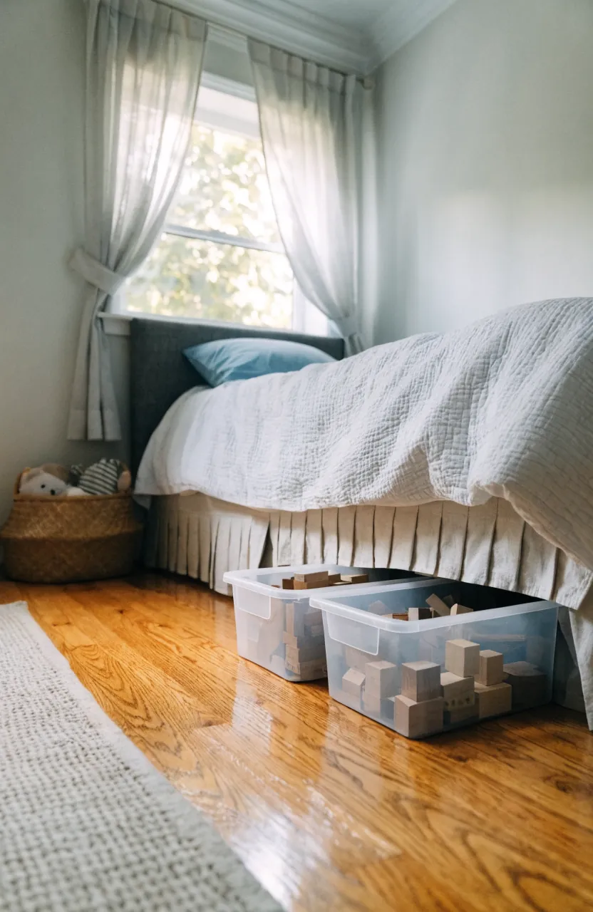 Under bed toy rotation storage bins in a small kids bedroom