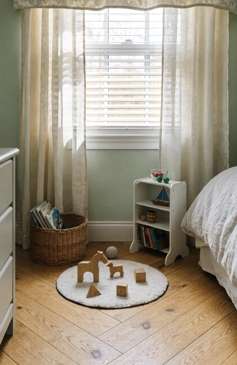 Small play area with toy rotation baskets, toy shelves, and open floor space