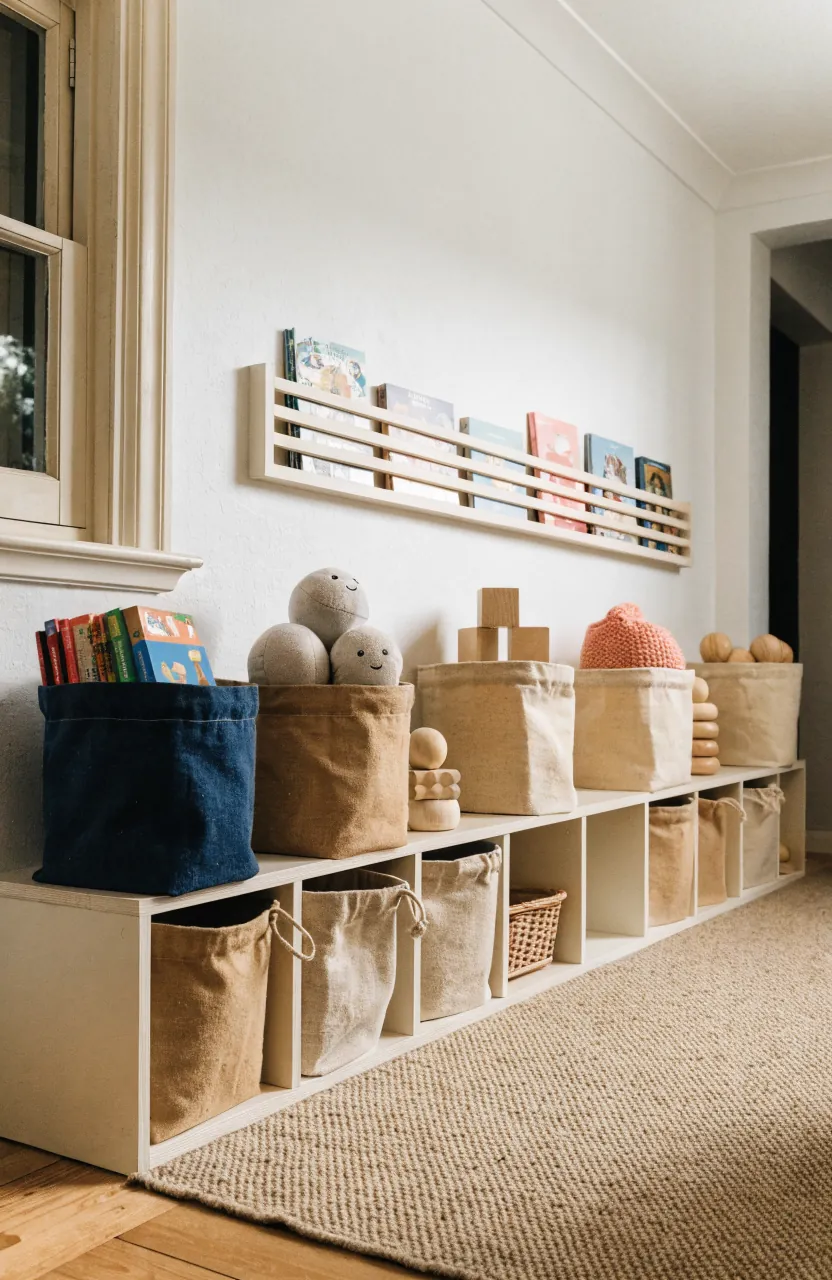 Small kids room toy storage bins on low shelves for easy cleanup