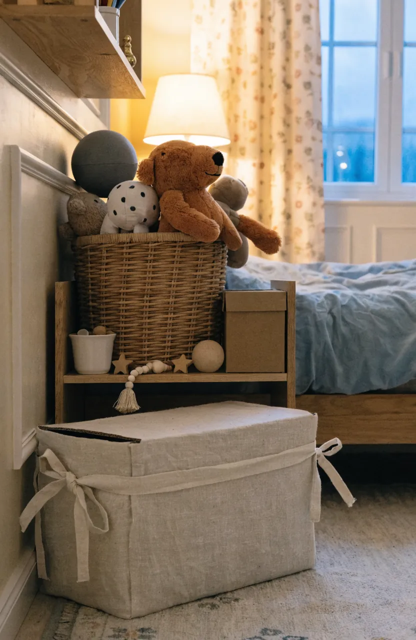 Simple toy rotation reset corner with storage bins and a tidy play area