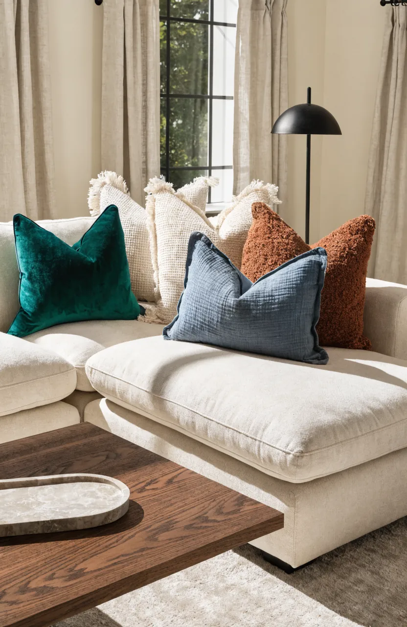 Beige room styled with deeper color throw pillows for contrast