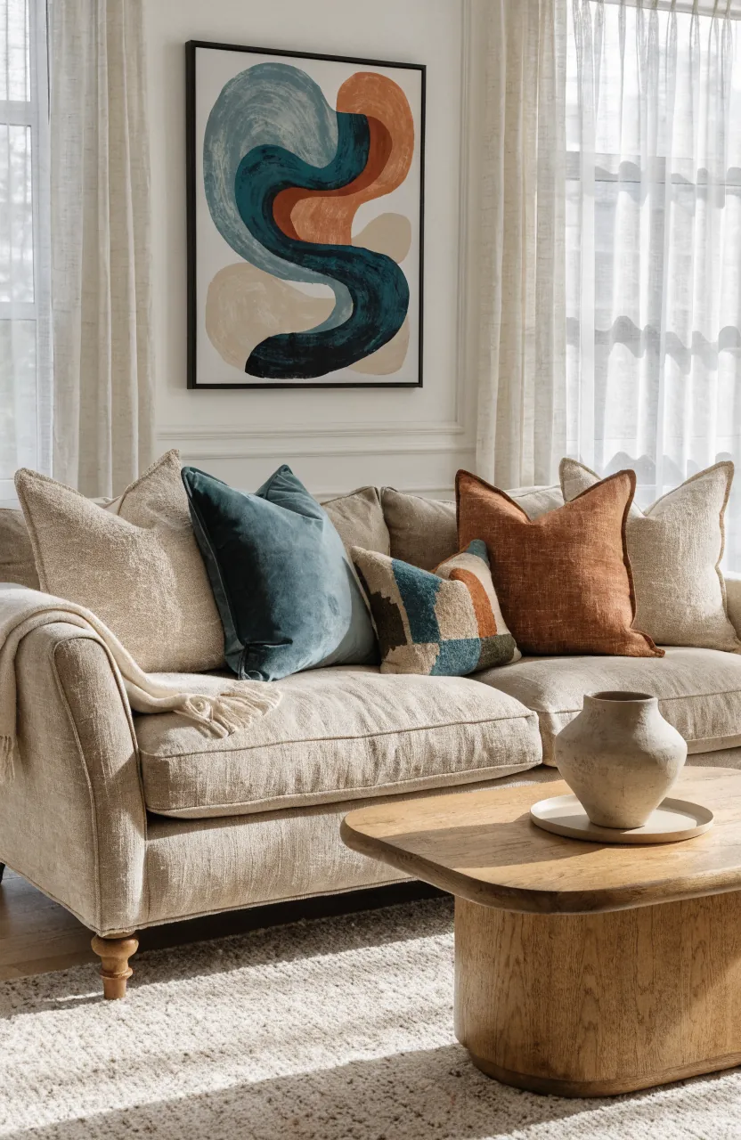 Neutral living room sofa refreshed with colorful throw pillows