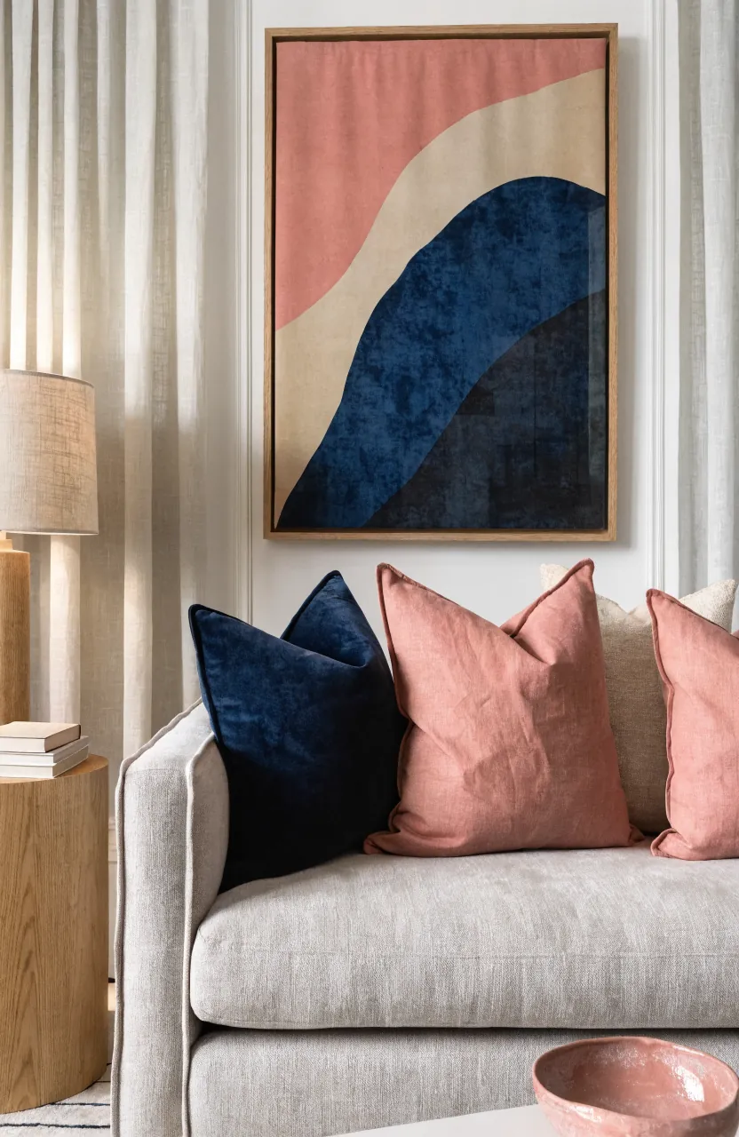 Throw pillows pulling color from wall art in a neutral living room