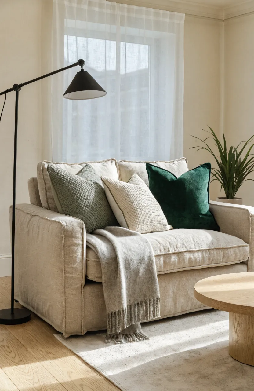 Neutral sofa styled with one clear accent color in throw pillows