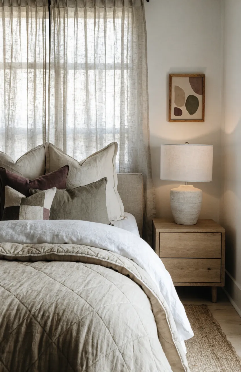 Neutral bedroom refreshed with colorful textured pillows