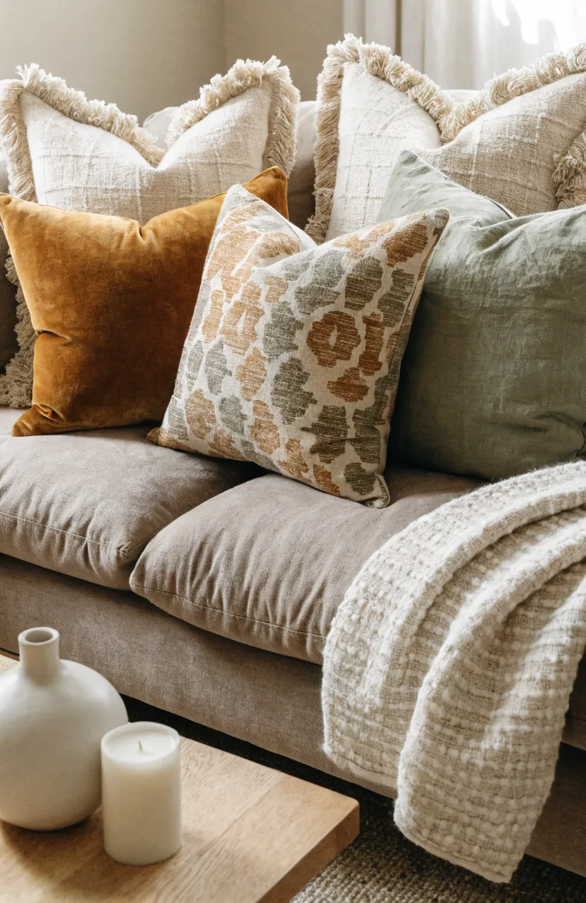 Neutral sofa with mixed pattern and textured throw pillows