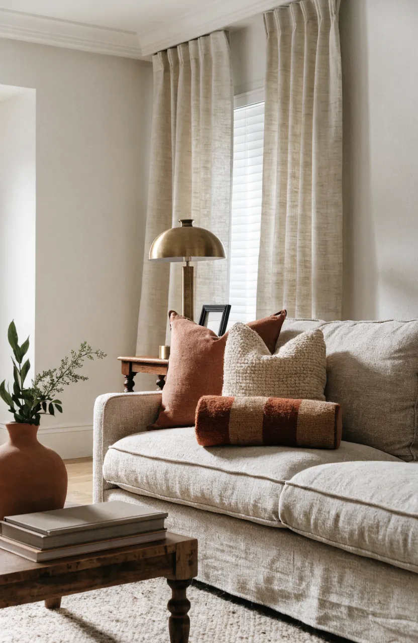 Neutral room repeating throw pillow color in small accessories